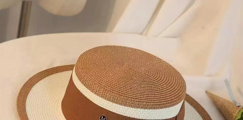 Women Wide Brim Straw Boater Hat UV Protection Summer Beach Sun Hat Vintage Flat Top Fedora with Adjustable Fit Band