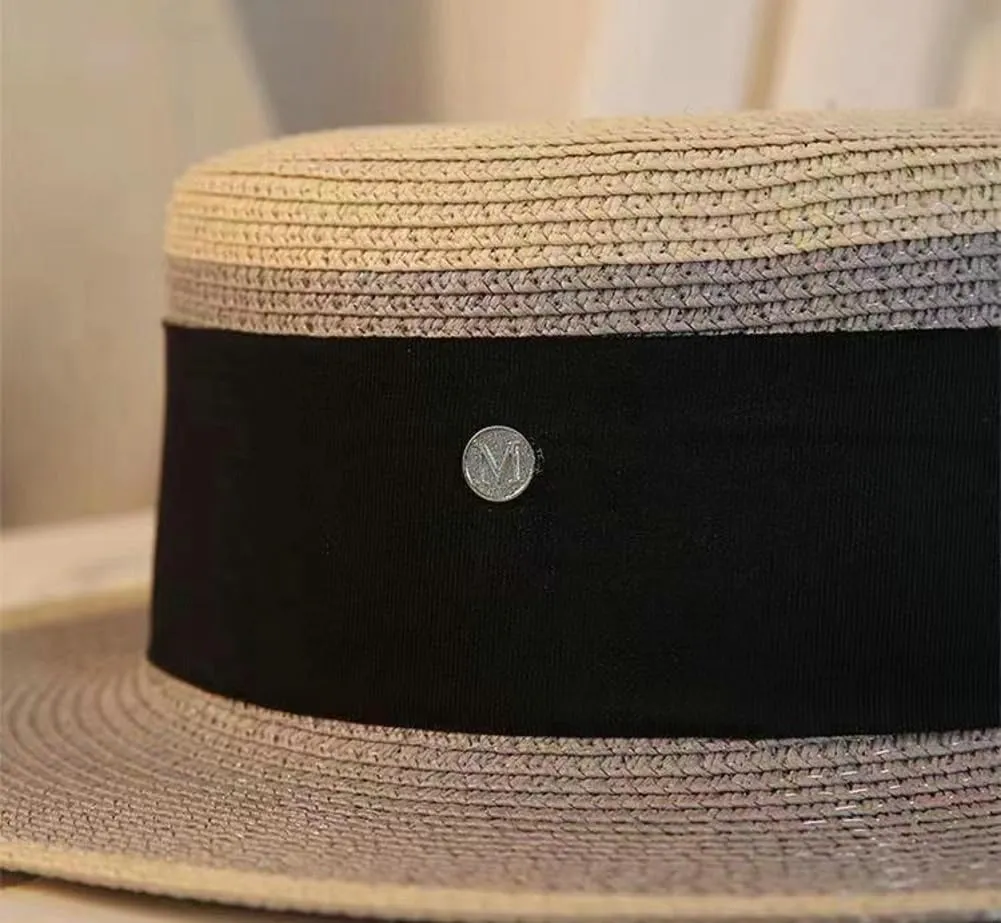 Women Wide Brim Straw Boater Hat UV Protection Summer Beach Sun Hat Vintage Flat Top Fedora with Adjustable Fit Band