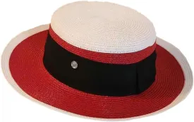 Women Wide Brim Straw Boater Hat UV Protection Summer Beach Sun Hat Vintage Flat Top Fedora with Adjustable Fit Band