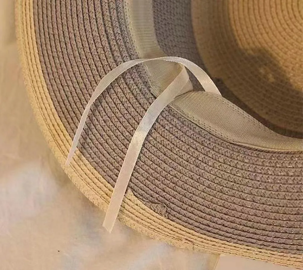 Women Wide Brim Straw Boater Hat UV Protection Summer Beach Sun Hat Vintage Flat Top Fedora with Adjustable Fit Band