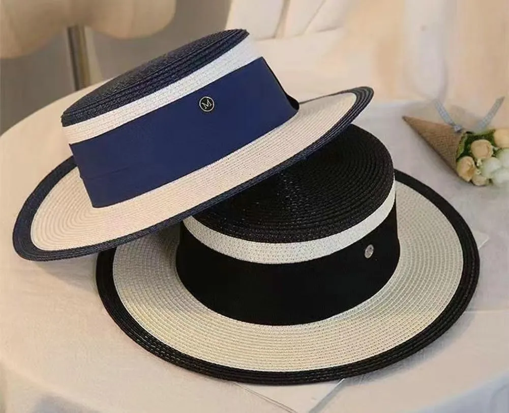 Women Wide Brim Straw Boater Hat UV Protection Summer Beach Sun Hat Vintage Flat Top Fedora with Adjustable Fit Band